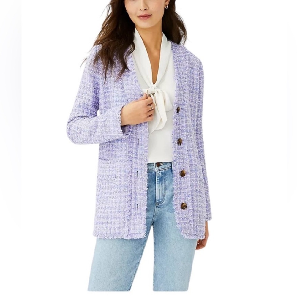 Ann Taylor Lilac Tweed Fringe Blazer Coat Size 10
